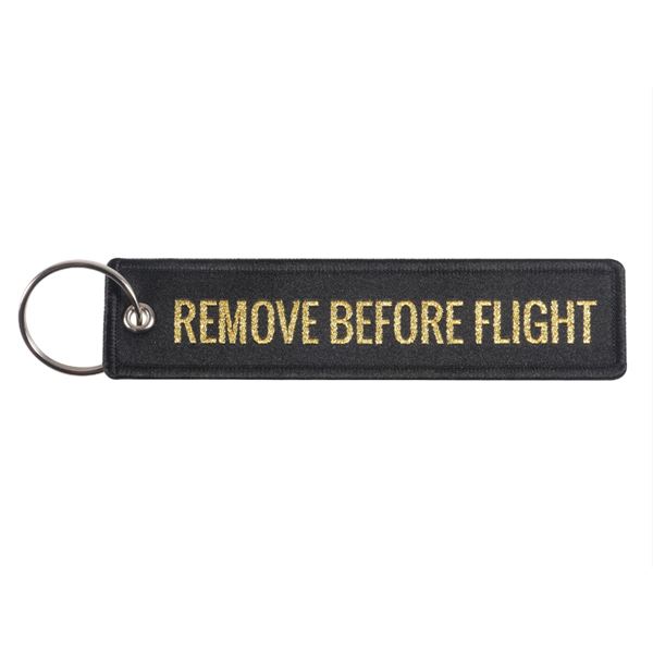 Klíčenka REMOVE BEFORE FLIGH zlatá, s letadlem